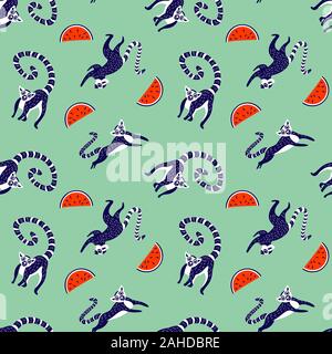 Seamless pattern with cute lemurs and watermelon. Animals and fruits in trendy colors. Vector illustration. Stock Vector
