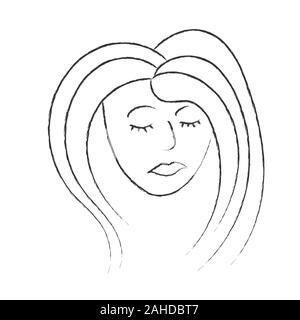 woman's face with closed eyes. The Style Of Doodle. Isolated on a white background. The concept of feminism.Black and white vector illustration for de Stock Vector