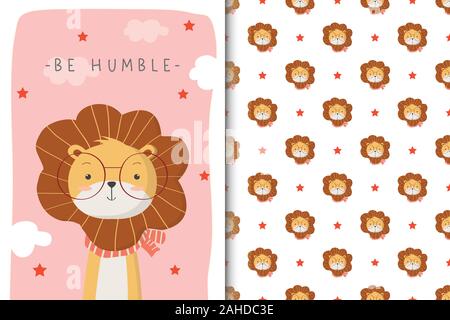 Cute lion illustration with seamless pattern in the white backdrop Stock Vector