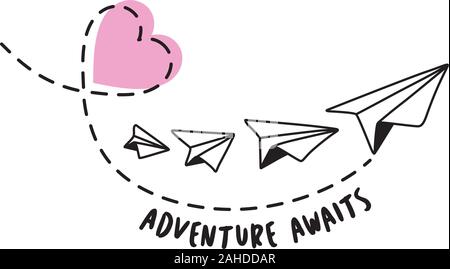 Adventure Awaits. Valentines Paper Plane and Heart Design on White Background Stock Vector