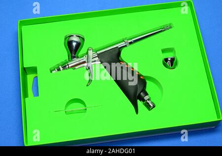 New airbrush on the box, view technical detail. Stock Photo