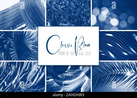 Creative collage of classic blue color 2020. Set made of photos toning tropical palm trees, acrylic paint smear. Abstract bokeh background Stock Photo