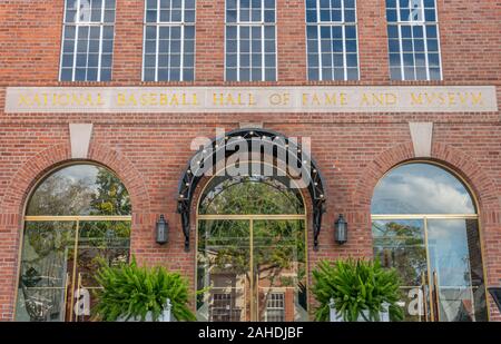 COOPERSTOWN, NY/USA - SEPTEMBER 28, 2019: National Baseball Hall of Fame and Museum exterior and trademark logo. Stock Photo