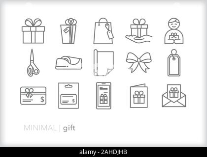 Set of 15 gift line icons for giving a loved one a present or surprise for birthday, holiday, Christmas or other special event Stock Vector