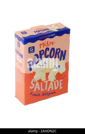 Stockholm, Sweden - December 14, 2019: One red box with the Garant brand micro popcorn ready to pop in the microwave owen. Stock Photo