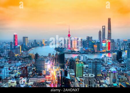 SHANGHAI, CHINA - FEBRUARY 15, 2018 :Skyscrapers of Lujiazui skyline, the Bund, the Huangpu River, and the Shanghai Tower. Shanghai is the biggest cit Stock Photo