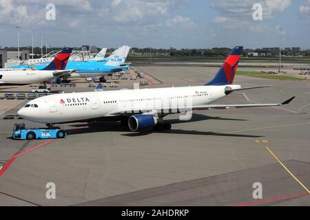 Delta Air Lines Airbus A330-200 with registration N860NW on pushback at Amsterdam Airport Schiphol. Stock Photo