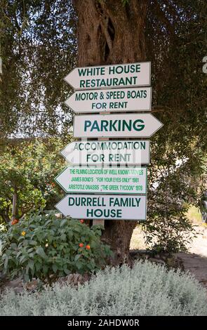 Direction post in Kalami near the White House, home of the Durrell's, Corfu, Greece Stock Photo