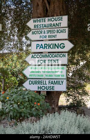 Direction post in Kalami near the White House, home of the Durrell's, Corfu, Greece Stock Photo