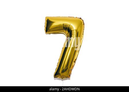 Golden balloon number seven, 7 isolated on white background. Stock Photo