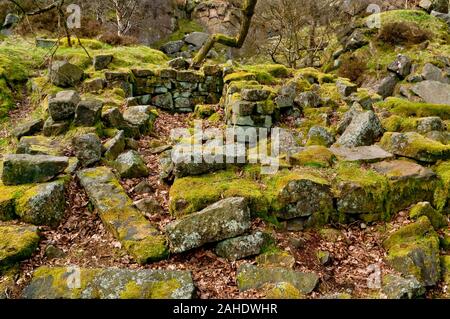 Abandoned and ruined buildings at a small quarry in Lawrence Field above Padley Gorge near Grindleford, Peak District Stock Photo