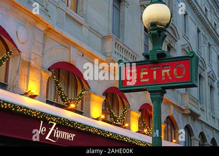 PARIS, FRANCE -24 DEC 2019- M sign at the entrance to a Paris Metropolitain (subway)  metro station from the RATP in Paris. Stock Photo