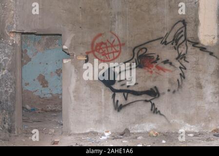 Tver. Quarter of old houses. Morozov barracks. Graffiti in one of the houses. Stock Photo