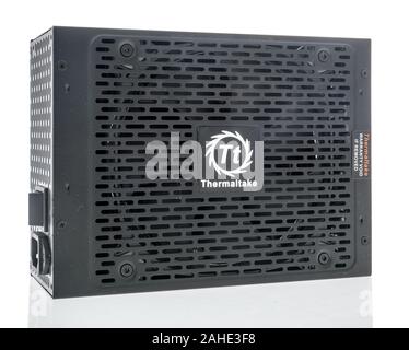 Winneconne, WI - 15 December 2019 : A package of Thermaltake power supply on an isolated background Stock Photo