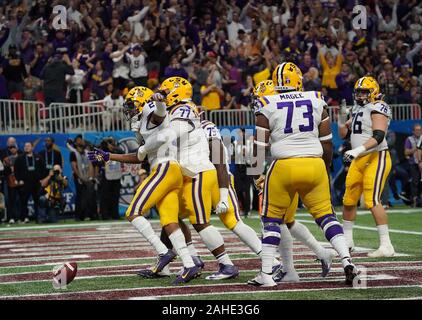 December 28, 2019: LSU Tigers wide receiver Justin Jefferson (2) celebrates  after winning the 52nd Chick-fil-a Peach Bowl at Mercedes-Benz Stadium in  Atlanta, GA. (Scott Kinser/Cal Sport Media/Sipa USA)(Credit Image: ©  Scott