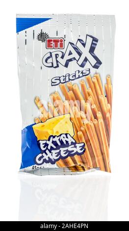 Winneconne, WI - 15 December 2019 : A package of ETI crax extra cheese sticks on an isolated background Stock Photo