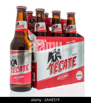 Winneconne, WI - 28 December 2019 : A six pack of Tecate beer from Mexico on an isolated background Stock Photo