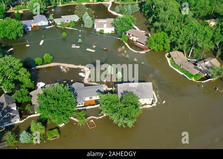 Aerial photos of the Missouri river flooding in Sioux City, Iowa, South Sioux City, Nebraska, and Dakota Dunes, South Dakota, on June 8, 2011.  Levees were built near homes to prevent the Missouri river from flooding properties. Stock Photo