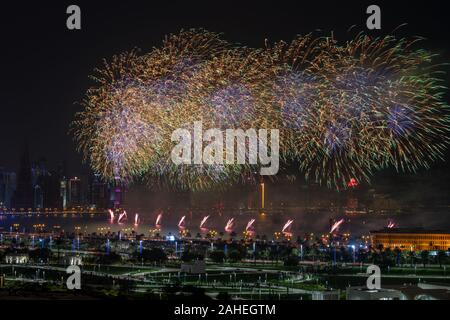 Fireworks on Qatar National Day 2019 at Corniche Stock Photo