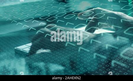 Computer espionage in global internet network, binary data flow Stock Photo