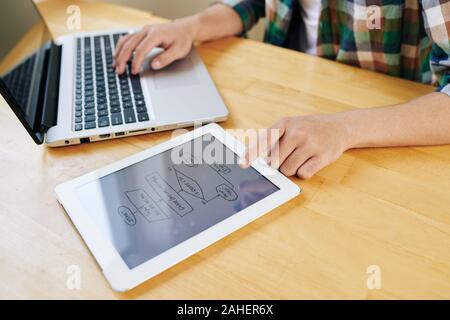 hands of student following flowchart diagram representing computer program project Stock Photo