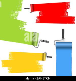 EPS 10 vector illustration isolated on white background with paint rollers and painted markings colored blue, yellow, green and red Stock Vector