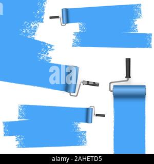 EPS 10 vector illustration isolated on white background with paint rollers and painted markings colored blue Stock Vector