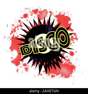 A typical 45 rpm vinyl record with a blank labell over an exploding background proclaiming disco Stock Vector