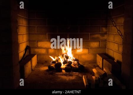 coals and wood in the barbecue ready to cook the roast on a summer evening Stock Photo
