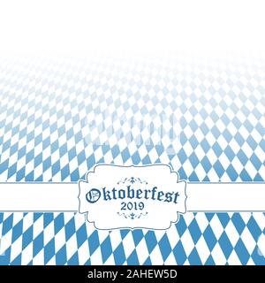 Oktoberfest background with blue-white checkered pattern, banner and text Oktoberfest 2019 (in german) Stock Vector