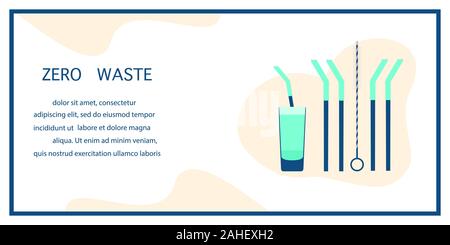 Vector illustration Reusable cocktail straws, brush for cleaning straws, glass Waste management concept. Choosing eco friendly lifestyle, using reusab Stock Vector