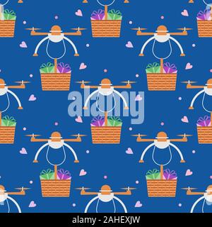 Vector seamless pattern illustration Drone flying through the air and carries gifts. Fast delivery to customer. Future transportation concept. Design Stock Vector