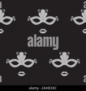 Seamless pattern with carnival mask and female lips on a black background. Vector image Stock Vector