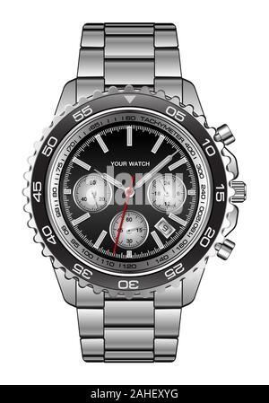 Realistic wristwatch face black steel chronograph luxury for men on white background vector illustration. Stock Vector