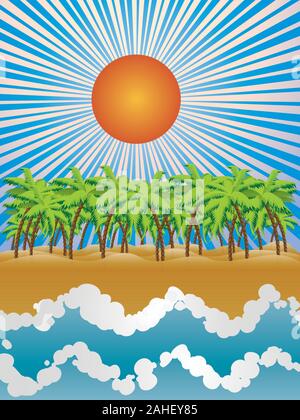 Cartoon tropical beach with palm trees and blue waves. Stock Vector