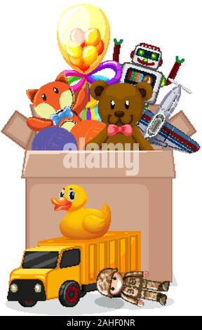 Box full of toys on white background illustration Stock Vector