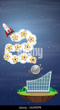Game template with spaceship and numbers in the sky illustration Stock Vector