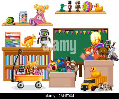 Shelf full of books and toys on white background illustration Stock Vector