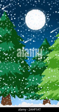 Background scene with winter snow in pine forest illustration Stock Vector