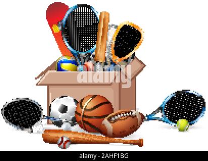 Box full of sport equipments on white background illustration Stock Vector