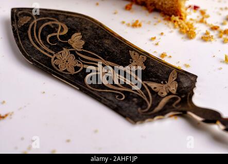 One beautifully decorated Art Nouveau cake server with engraved flowers and butterflies on white plate. Close-up, horizontal Stock Photo