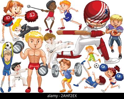People doing different types of sports on white background illustration Stock Vector