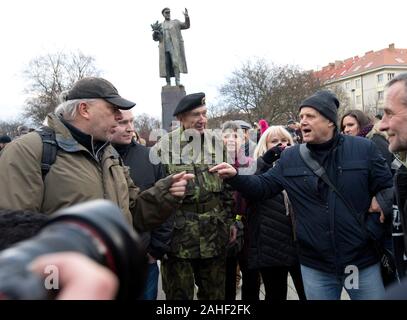 Prague, Czech Republic. 28th Dec, 2019. Some 60 supporters of Soviet Marshal Ivan Konev (1897-1973) met at his memorial in Prague 6-Bubenec, Czech Republic, on December 28, 2019, to remember his 122nd birth anniversary and they verbally clashed with a dozen opponents protesting against them. Credit: Katerina Sulova/CTK Photo/Alamy Live News Stock Photo