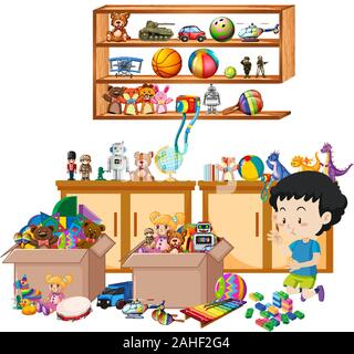 Shelf full of books and toys on white background illustration Stock Vector