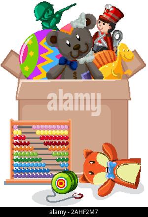 Cardboard box full of toys on white background illustration Stock Vector