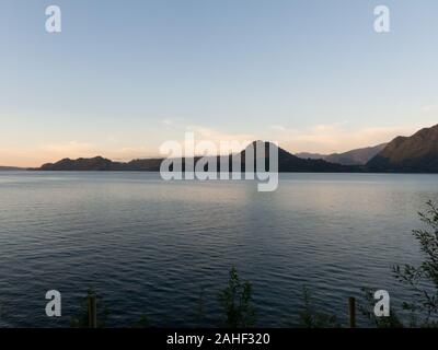 Panoramic of Lake Ranco, the third largest lake in Chile. In the region of Los Ríos, in Araucanía or Patagonia, Chilean Andes. South of Chile. In the Stock Photo