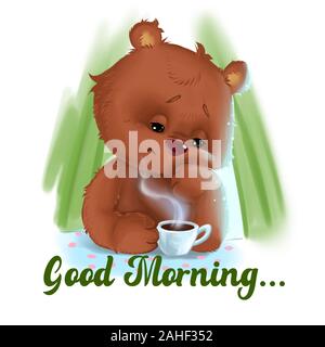 Bear mother tired sitting with morning coffe Stock Photo