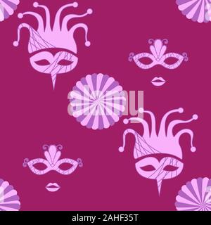 Seamless background carnival mask female and male jester on crimson background. Vector image Stock Vector