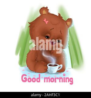Bear mother tired sitting with morning coffe Stock Photo