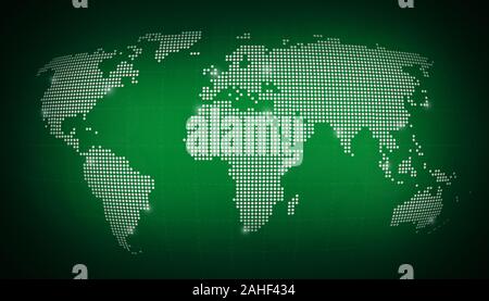 Dotted world map with some highlighted cities on blurred dark green background. High resolution abstract illustration.